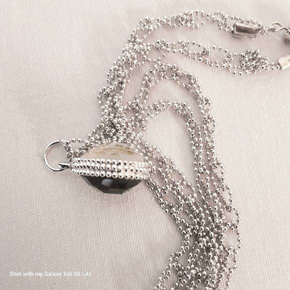 Silver Tone Double Sided Pendant Necklace Black Clear Stone Crocheted Ball Chain - Picture 7 of 11